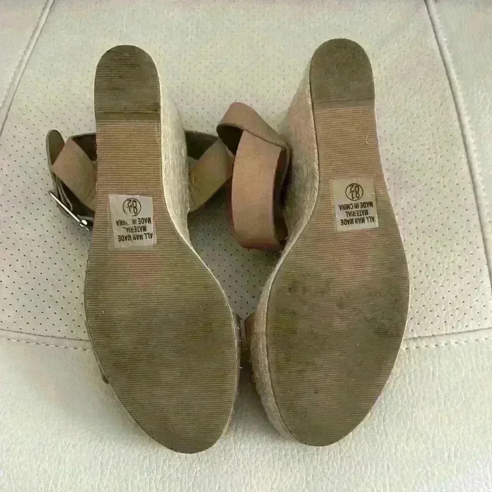 Tan Wedge Sandals with Ankle Strap - Picture 7 of 7